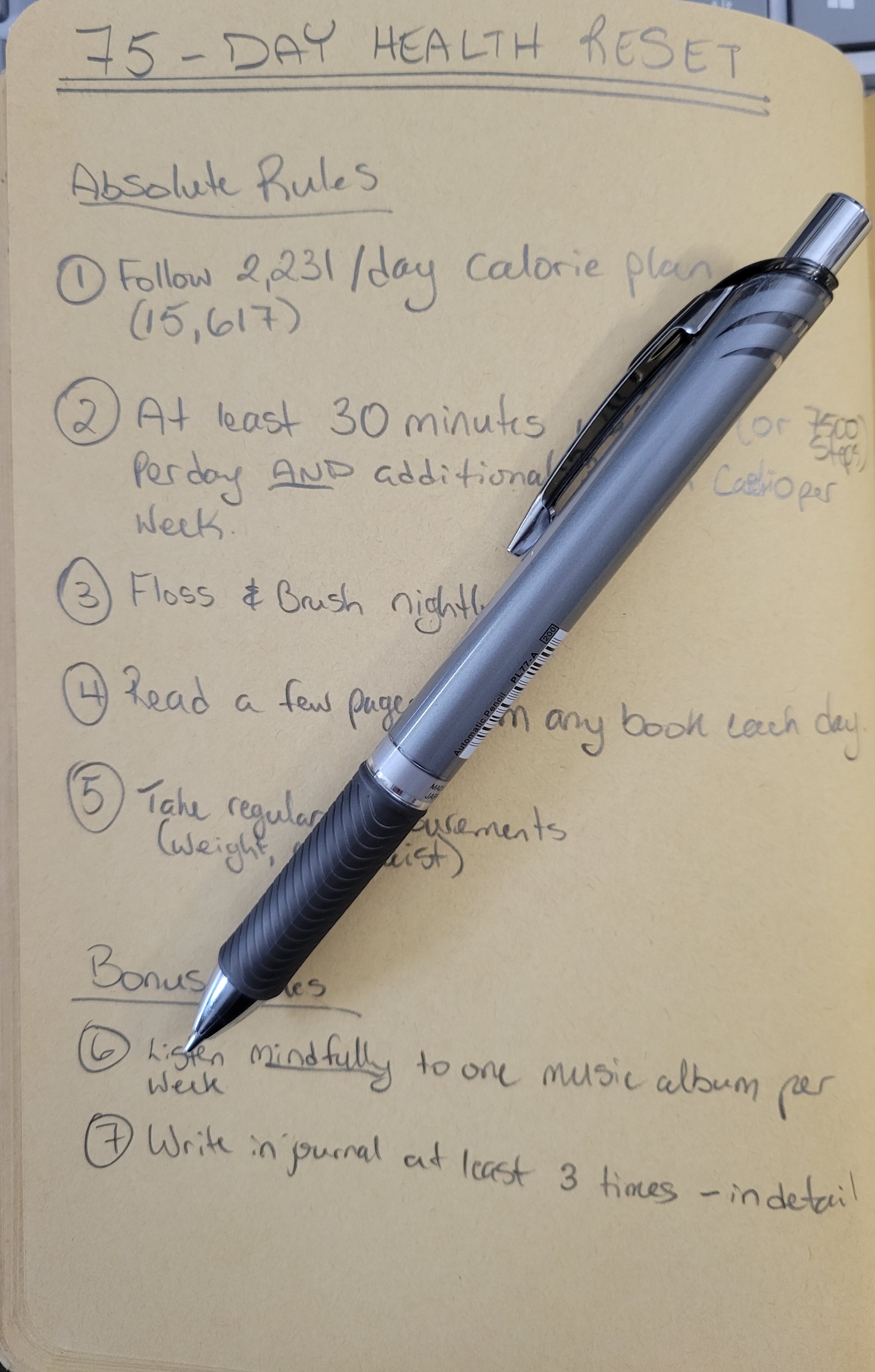 A notebook with handwritten text titled "75-DAY HEALTH RESET." Below the title are two sections: "Absolute Rules" and "Bonus Rules." The absolute rules include following a calorie plan, exercising, flossing and brushing, reading, and taking measurements. The bonus rules include listening to music and writing in a journal. A silver and black pen rests on the page.