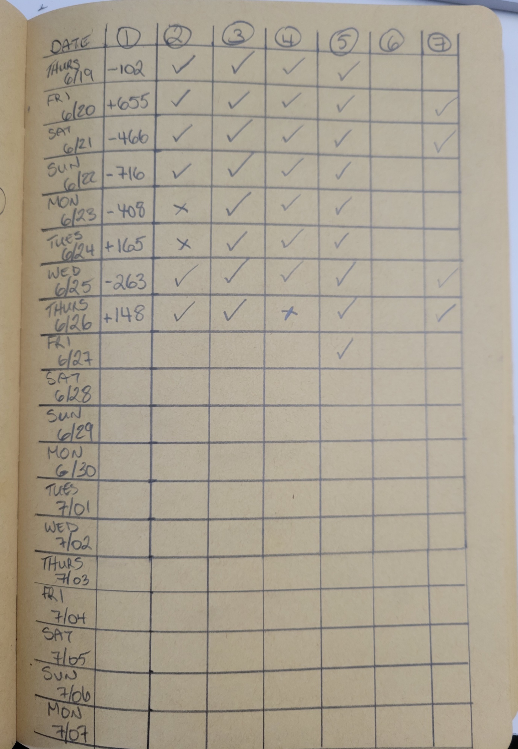 A page from a planner or notebook with a handwritten table tracking daily progress for a health reset. The table has columns for dates from June 19th to July 7th, and numbered columns (1 through 7) where checkmarks and "x" marks indicate completion or non-completion of tasks. Dates from June 19th to June 26th show varying results, including numerical entries next to some dates. The remaining dates are blank.