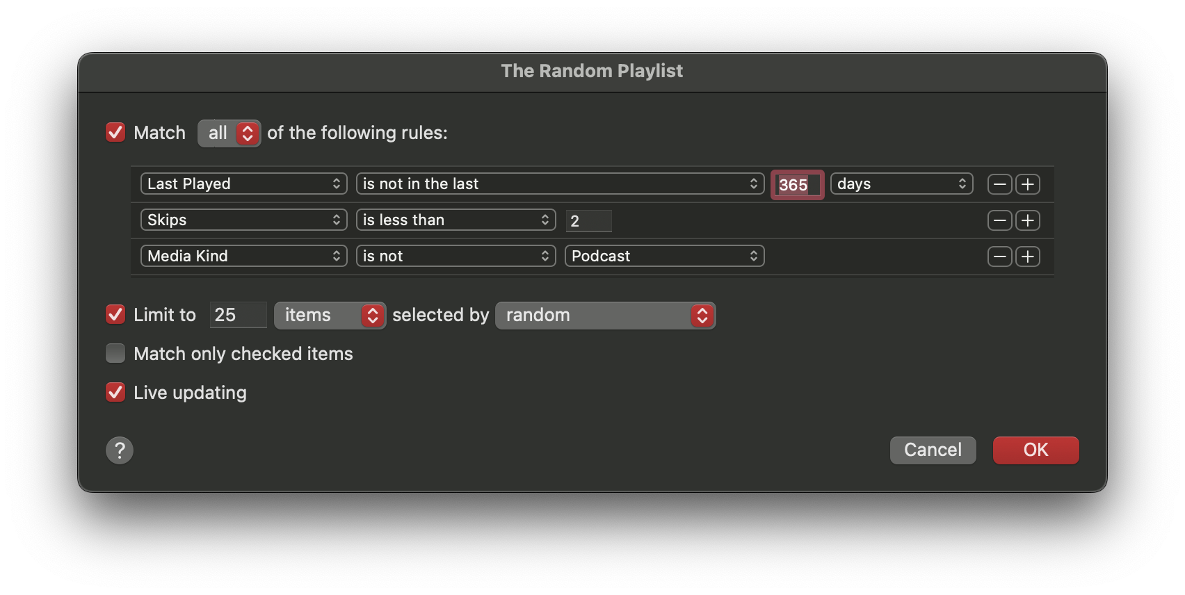 A screenshot of the Apple Music smart playlist rules for "The Random Playlist".