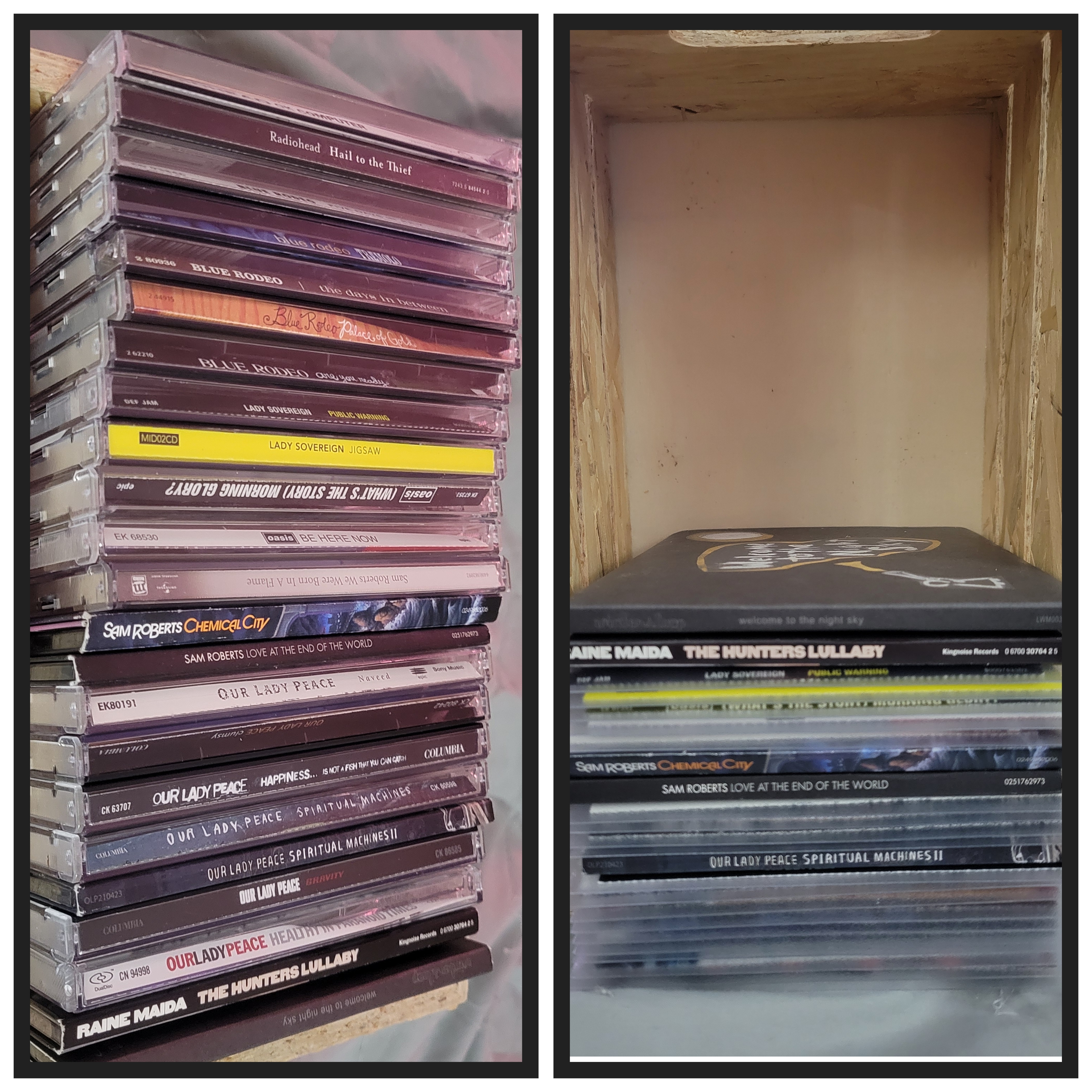 A side-by-side collage of two photos showcasing a collection of music CDs. The left photo displays a tall, vertically stacked pile of CD jewel cases featuring various artists such as Radiohead, Blue Rodeo, Lady Sovereign, Oasis, Sam Roberts, and Our Lady Peace. The right photo shows a smaller selection of CDs organized inside a wooden crate, with the album 