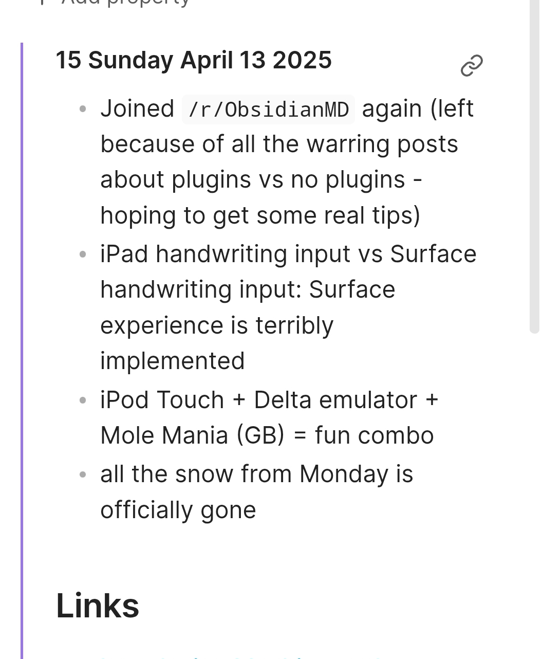 Screenshot of a list of text underneath a date with bullet points.