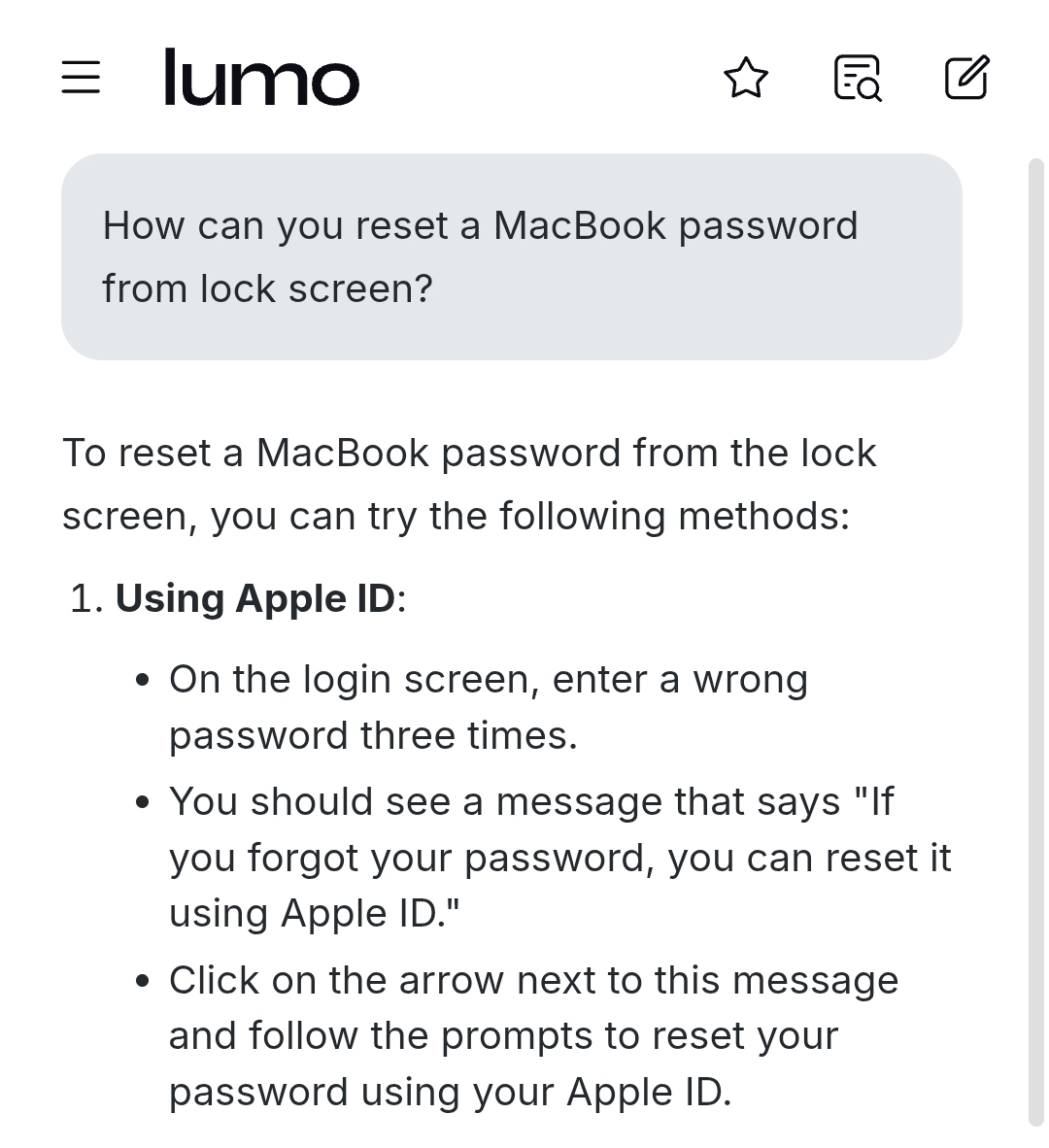 A screenshot of a mobile phone or tablet screen displaying a "Lumo" app or website. The main content is a question, "How can you reset a MacBook password from lock screen?", followed by instructions. The first method listed is "1. Using Apple ID:", with bullet points detailing to enter a wrong password three times, look for a "If you forgot your password" message, and then click the arrow to reset using an Apple ID.