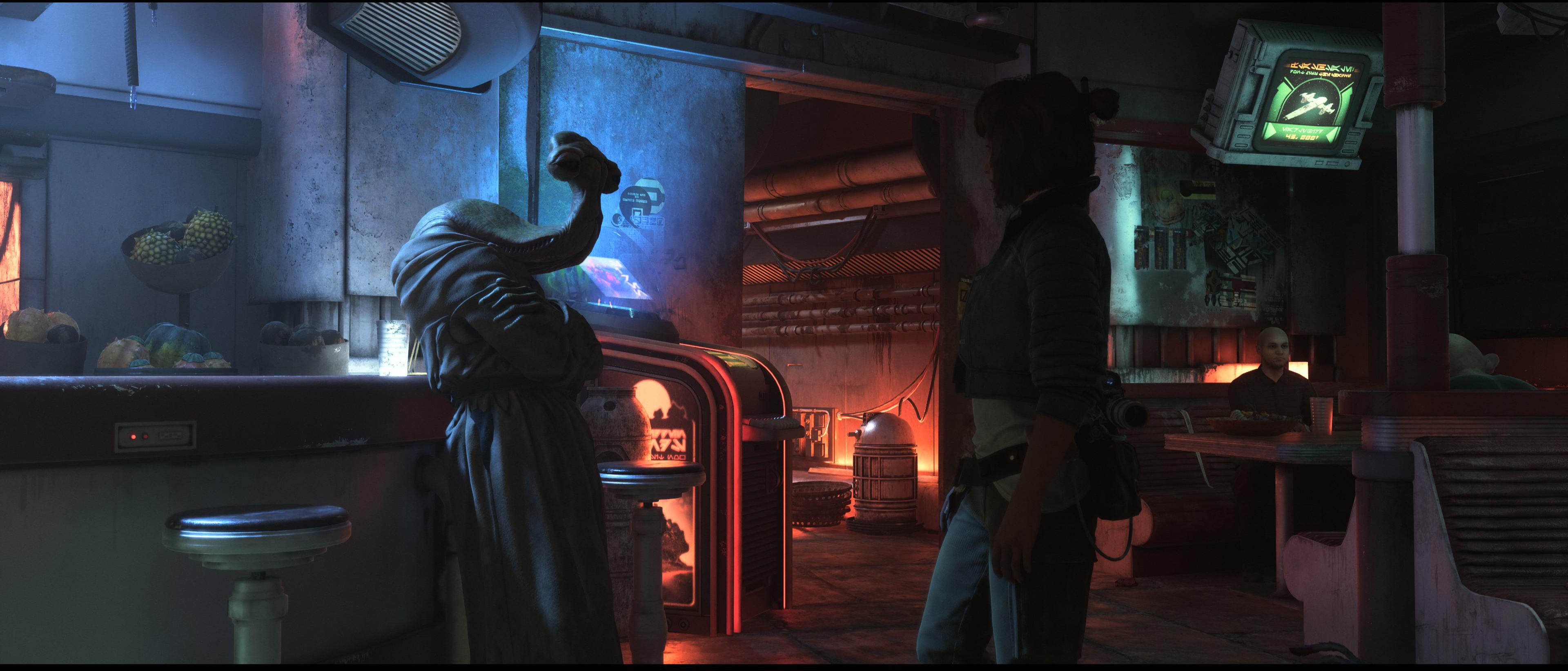 A scene from the video game Star Wars Outlaws, set in a dimly lit, grungy cantina with a strong red and blue neon glow. The protagonist, Kay Vess (seen from behind), stands facing a large-headed Ithorian alien who is leaning against a bar counter. A glowing jukebox is between them, and a retro monitor screen shows a spaceship flying. Other patrons and an astromech droid are partially visible in the background. Alt text generated by Google Gemini.