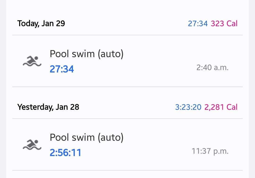 A screenshot showing workout entries for swimming for almost three hours and another for nearly half an hour. Both entries occurred overnight, seemingly while sleeping.